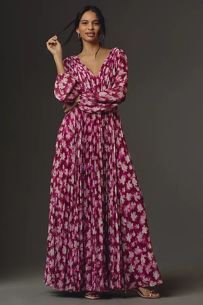 Monique Lhuillier Melanie Long-sleeve V-neck A-line Maxi Dress In Floral Shadow