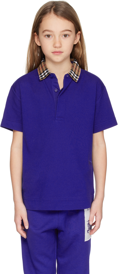 Burberry Kids Blue Check Collar Polo In Night