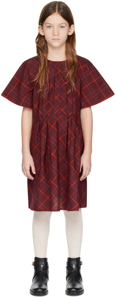 Burberry Kids' 格纹棉百褶连衣裙 In Claret