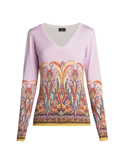 Etro Intarsia Silk Knit V-neck Top In Print On Purple B