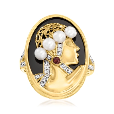Ross-simons Black Agate, 3.5-4mm Cultured Pearl And . Multi-gemstone Cameo-style Ring In 18kt Gold Over Sterling In White