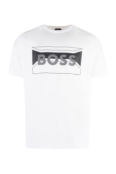 Hugo Boss Cotton-blend Regular-fit T-shirt With Logo Artwork In White