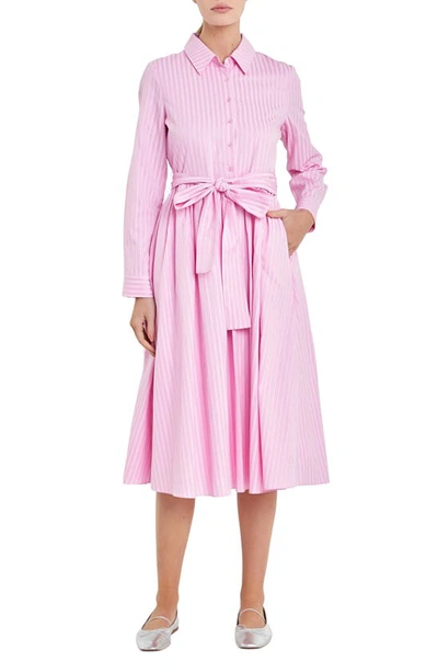 English Factory Stripe Long Sleeve Tie Belt Midi Shirtdress In Pink