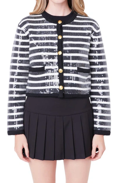 English Factory Sequin Stripe Cardigan In Black,ivory