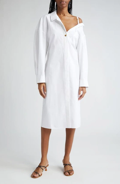 JACQUEMUS LA ROBE CHEMISE LONG SLEEVE ASYMMETRIC COTTON POPLIN SHIRTDRESS