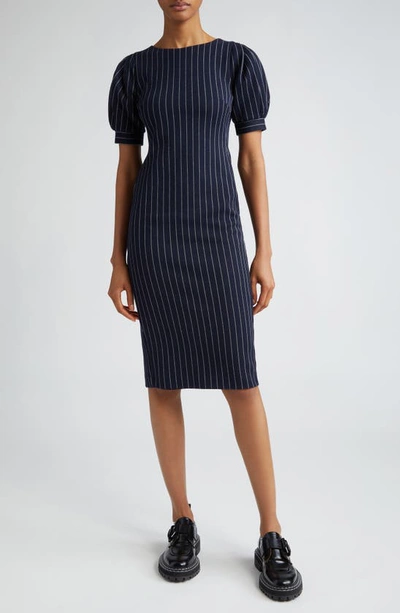 Max Mara Tunica Striped Puff-sleeve Midi Dress In Blu_marino