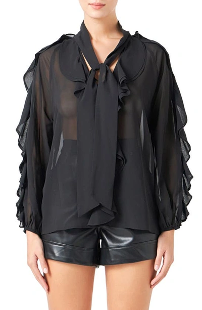 Endless Rose Sheer Chiffon Ruffle Shirt In Black