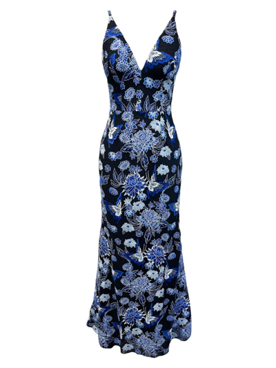 Dress The Population Women's Sharon Floral Embroidered Mermaid Gown In Cobalt Multi