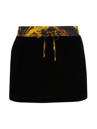 Versace Jeans Couture Women's Velvet Drawstring Miniskirt In Black Gold