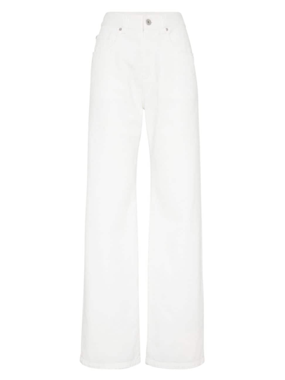 Brunello Cucinelli Women's Stretch Dyed Denim Loose Five Pocket Trousers With Shiny Tab In White