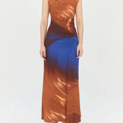Simkhai Acacia Marble-print Sleeveless Midi Dress In Brown