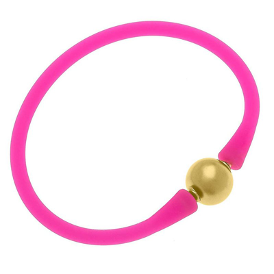 Canvas Style Bali 24k Gold Plated Ball Bead Silicone Bracelet In Fuchsia In Pink