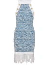 Balmain Fringed Denim Tweed Dress In Light Blue/white