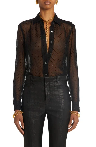 Tom Ford Flocked Polka Dot Sheer Silk Chiffon Button-up Shirt In Black