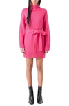 Grey Lab Tie Belt Long Sleeve Sweater Minidress In Fuchsia