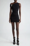ALEXANDER MCQUEEN CRYSTAL KNOT ASYMMETRIC RUCHED CREPE JERSEY COCKTAIL MINIDRESS