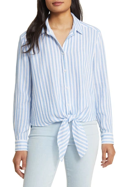 Beachlunchlounge Lani Stripe Tie Front Cotton Shirt In Bluebell