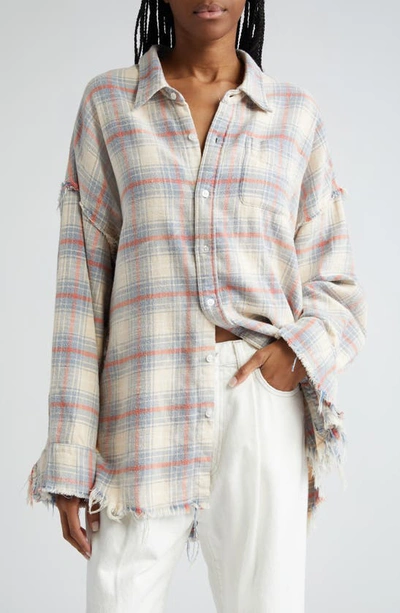 R13 Shredded Seam Drop Neck Oversize Plaid Cotton Button-up Shirt