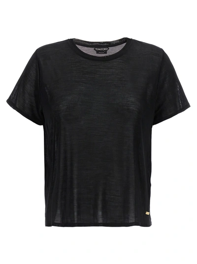 Tom Ford Sheer Silk T-shirt With Gold Logo Plaque In Black