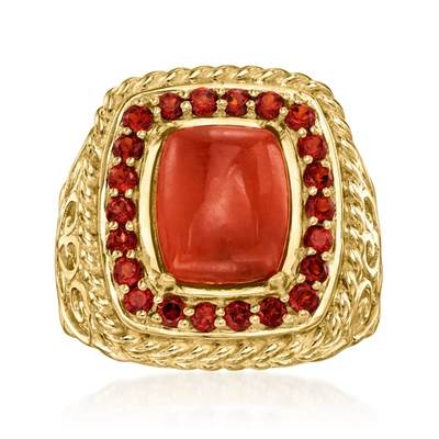 Ross-simons Red Jade And .80 Ct .t. W. Garnet Etruscan-style Ring In 18kt Gold Over Sterling