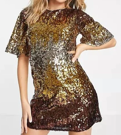 French Connection Estari Ombre Sequin Dress With Flutter Sleeves And Cut Outs In Brown And Gold