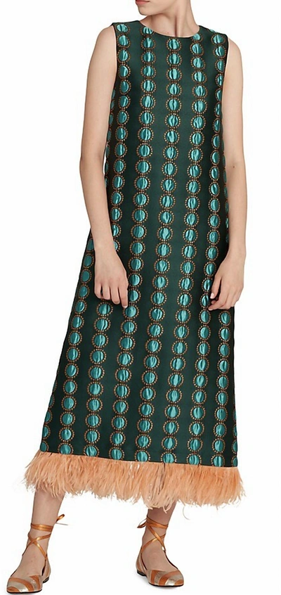 La Doublej Jacquard Column Dress With Feather Trim In Patterned Green