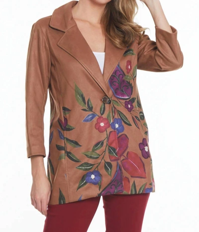 Multiples Button Front Floral Print Faux Suede Jacket In Harvest/multi In Brown