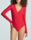 Commando Butter Long Sleeve Faux Wrap Bodysuit In Red
