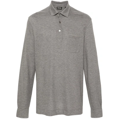 Zegna Long-sleeve Cotton Polo Shirt In Grey