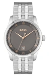 Hugo Boss Men Principle Quartz Basic Calendar Silver-tone Stainless Steel Watch 41mm In Silver