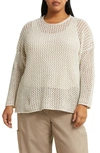 Eileen Fisher Crewneck Open-stitch Boucle Pullover In Bone