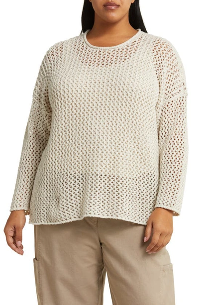 Eileen Fisher Crewneck Open-stitch Boucle Pullover In Bone