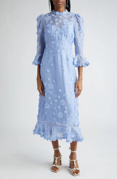 Zimmermann Matchmaker Appliquéd Crystal-embellished Linen And Silk-blend Midi Dress In Blue