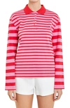 English Factory Stripe Long Sleeve Polo In Pink/ Red