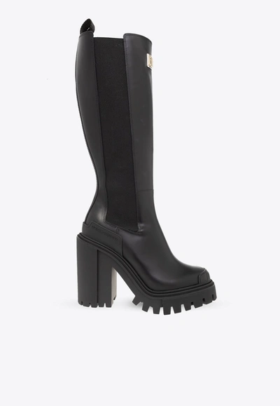 Dolce & Gabbana 120 Logo-plaque Knee-high Boots In Black