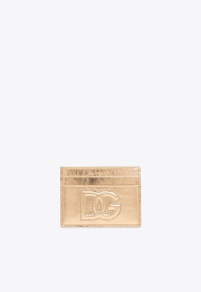 Dolce & Gabbana 3d-effect Logo Leather Cardholder In Gold