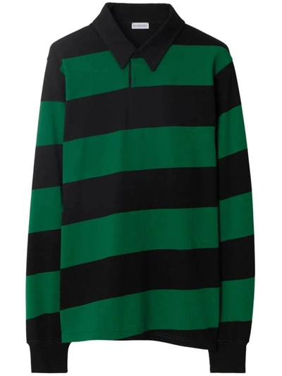 Burberry Long-sleeve Striped Cotton Polo Shirt In Black