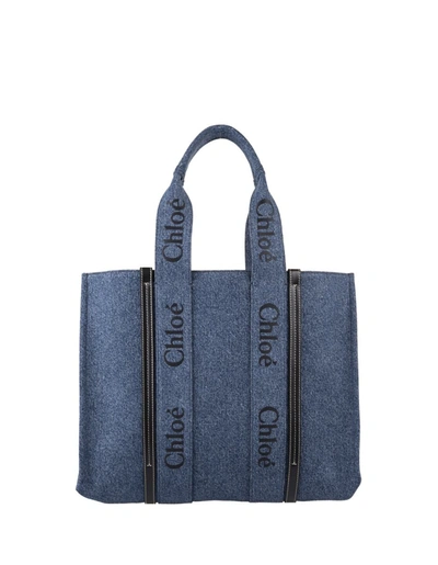 Chloé Blue Denim Woody Medium Shopping Bag With Shoulder Strap