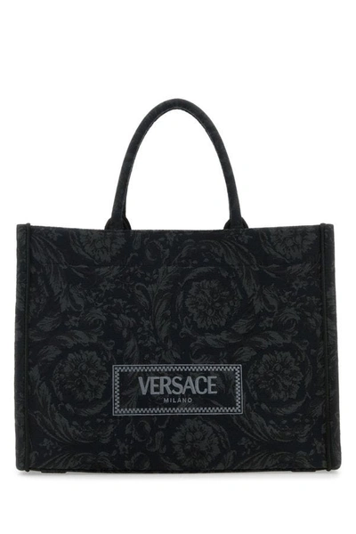 Versace Woman Embroidered Canvas Athena Barocco Shopping Bag In Black