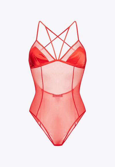 Dolce & Gabbana Criss-cross Strap Sheer Bodysuit In Red