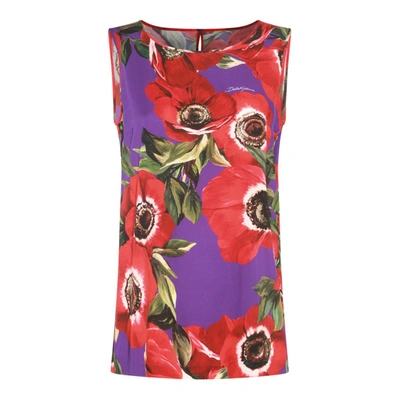 Dolce & Gabbana Charmeuse Tank Top With Anemone Print In Red
