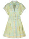 Zimmermann Acacia Belted Paisley-print Linen Mini Shirt Dress In Green