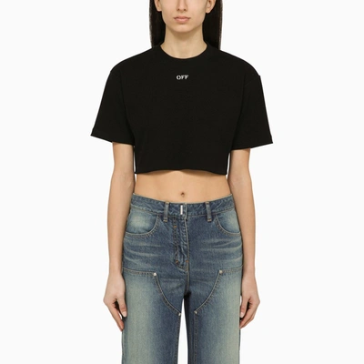 OFF-WHITE SHORT BLACK COTTON T-SHIRT WITH LOGO