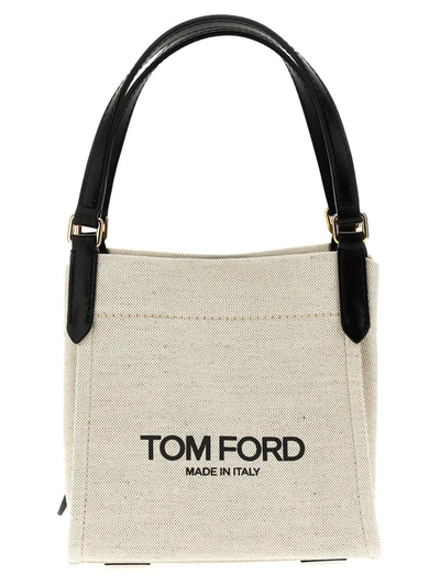 Tom Ford Logo Canvas Handbag In White/black