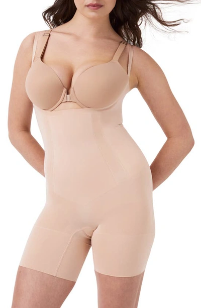 Spanx Oncore Open-bust Mid-thigh Bodysuit In Beige
