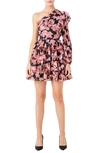 Endless Rose Floral One-shoulder Single Long Sleeve Chiffon Minidress In Black/ Pink