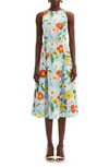 Oscar De La Renta Painted Poppies Cotton Poplin Sleeveless Dress In Light Blue Multi