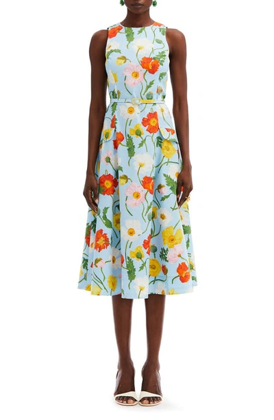 Oscar De La Renta Painted Poppies Cotton Poplin Sleeveless Dress In Light Blue Mult