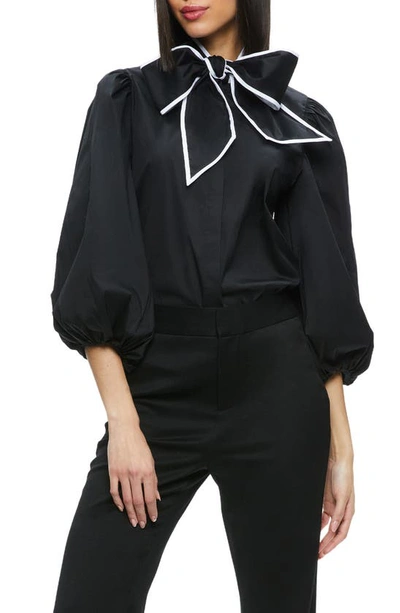 Alice And Olivia Lou Blouson Sleeve Bow Shirt In Black Off White