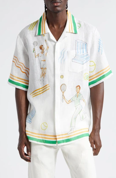 CASABLANCA TENNIS CLUB SHORT SLEEVE LINEN BUTTON-UP SHIRT